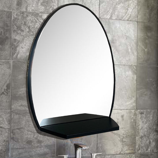 Oval Metal Frame Mirror with Shelf in Matte Black