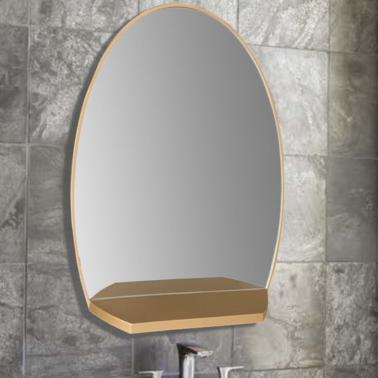 Oval Metal Frame Mirror with Shelf in Brushed Gold