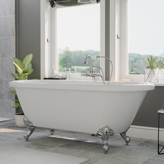 Acrylic Double Ended Clawfoot Bathtub With Continuous Rim and Complete Polished Chrome Plumbing Package