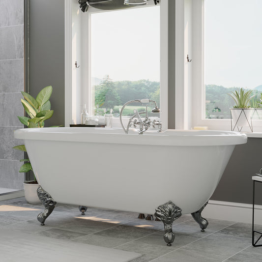 Acrylic Double Ended Clawfoot Bathtub and Complete Chrome Plumbing Package