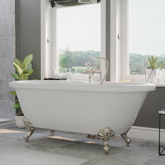 Acrylic Double Ended Clawfoot Bathtub Faucet Drillings and Brushed Nickel Feet