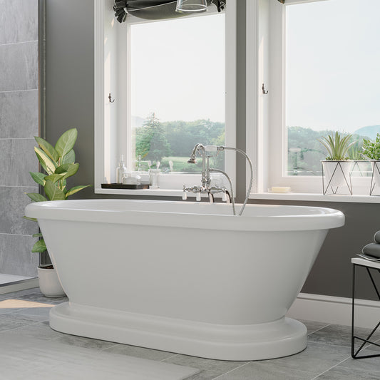 Acrylic Double Ended Pedestal Bathtub with Continuous Rim and Complete Polished Chrome Plumbing Package