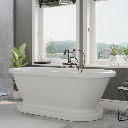 Acrylic Double Ended Pedestal Bathtub with Continuous Rim and Complete Oil Rubbed Bronze Plumbing Package