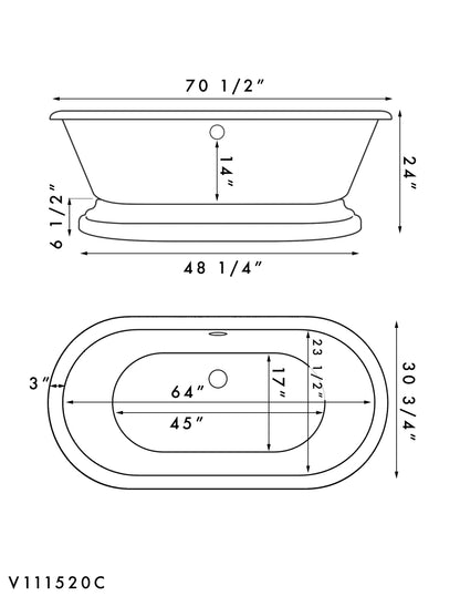 Acrylic Double Ended Pedestal Bathtub with Continuous Rim and Complete Polished Chrome Plumbing Package