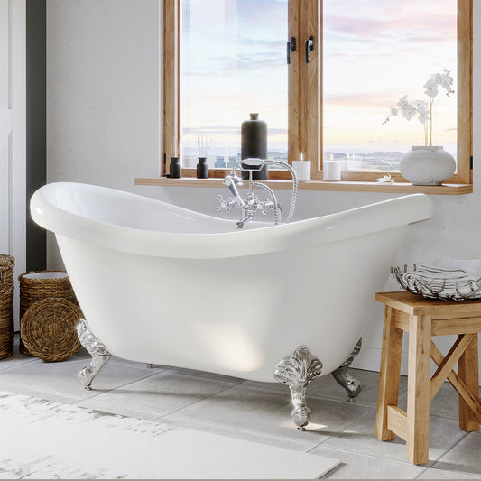 Acrylic Double Slipper Soaking tub and Complete Polished Chrome Plumbing Package