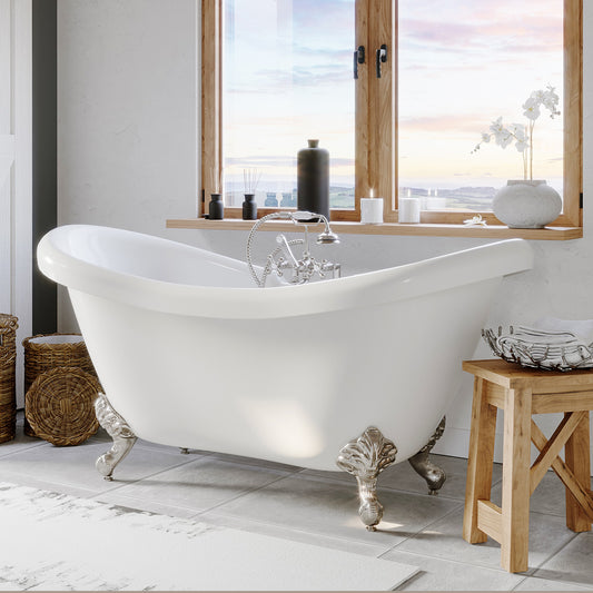 Acrylic Double Slipper Clawfoot Bathtub and Complete Brushed Nickel Plumbing Package