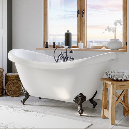 Acrylic Double Slipper Clawfoot Soaking Tub and Complete Oil Rubbed Bronze Plumbing Package