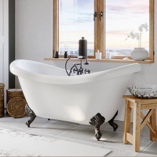 Acrylic Double Slipper Clawfoot Soaking Tub and Complete Oil Rubbed Bronze Plumbing Package