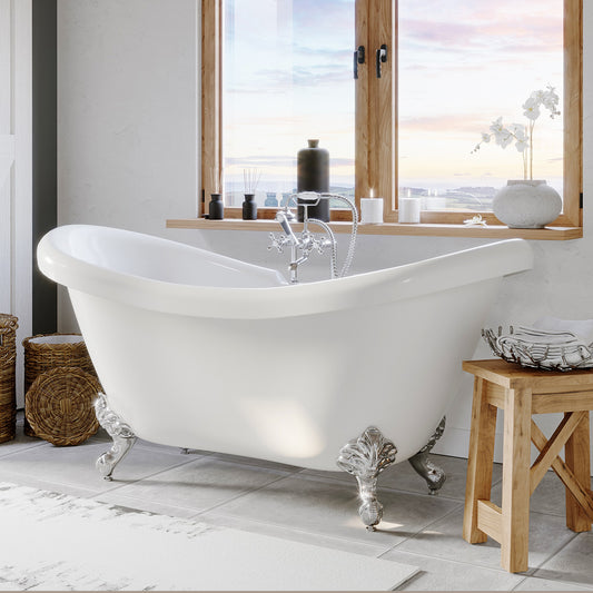 Acrylic Double Slipper Soaking Tub with Polished Chrome Feet