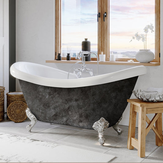 Hand Painted Scorched Platinum Acrylic Double Slipper Bathtub with Polished Chrome Feet, No Faucet Holes