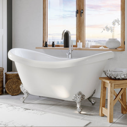 Acrylic Double Slipper Clawfoot Soaking Tub with Continuous Rim and Polished Chrome Feet