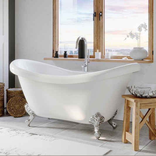 Acrylic Double Slipper Clawfoot Soaking Tub with Continuous Rim and Polished Chrome Feet