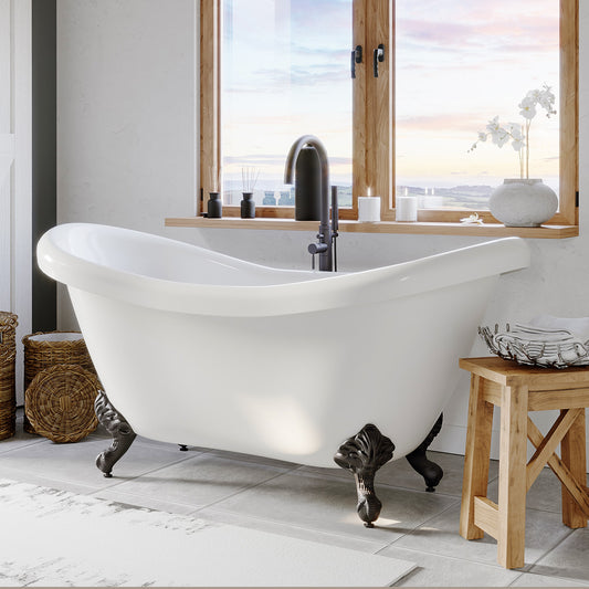 Acrylic Double Slipper Clawfoot Soaking Tub with Continuous Rim and Oil Rubbed Bronze Feet