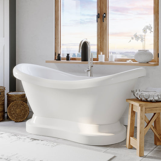 Acrylic Double Slipper Pedestal Soaking Tub with Complete Brushed Nickel Plumbing Package