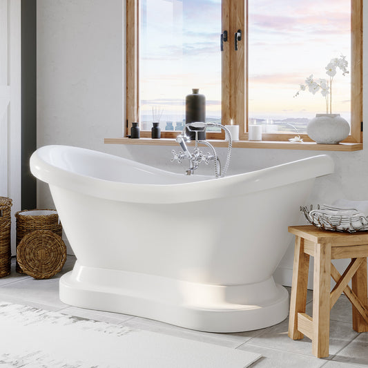 Acrylic Double Slipper Pedestal Soaking Tub and Complete Polished Chrome Plumbing Package
