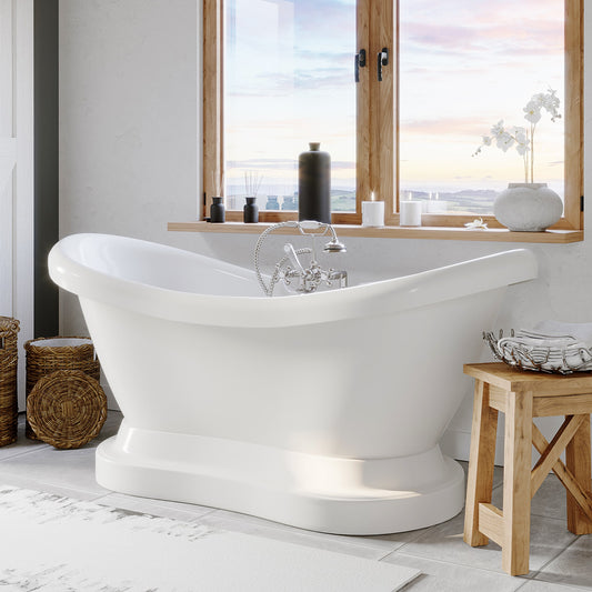 Acrylic Double Slipper Pedestal Soaking Tub with Complete Brushed Nickel Plumbing Package
