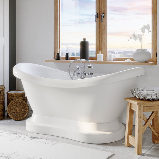 Acrylic Double Slipper Pedestal Soaking Tub with Complete Polished Chrome Plumbing Package