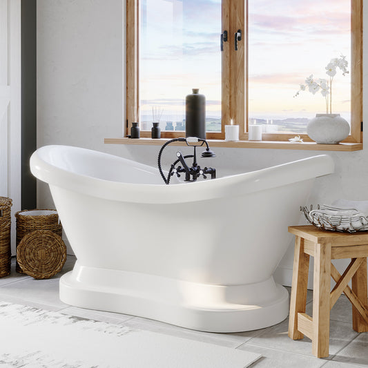 Acrylic Double Slipper Pedestal Soaking Tub with Complete Oil Rubbed Bronze Plumbing Package