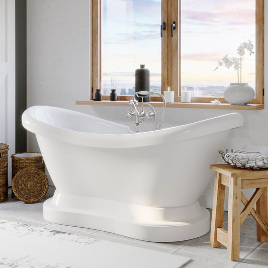 Acrylic Double Slipper Pedestal Soaking Tub with Complete Brushed Nickel Plumbing package.