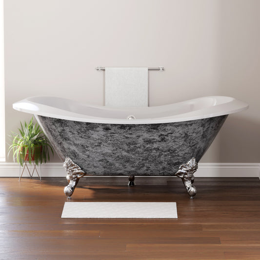 Hand Painted Scorched Platinum Extra Wide Acrylic Double Slipper Clawfoot Tub, Polished Chrome Feet and No Faucet Holes