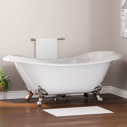 Extra Large Acrylic Double Slipper Clawfoot Tub, Brushed Nickel Feet and Deck Mount Faucet Holes