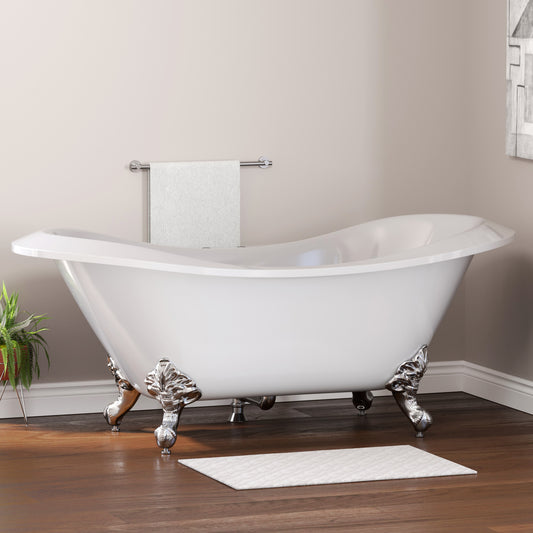 Extra Large Acrylic Double Slipper Clawfoot Tub, Polished Chrome Feet and Deck Mount Faucet Holes