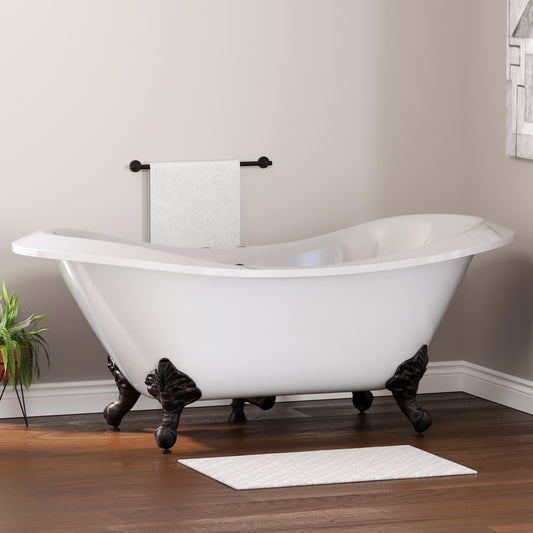 Extra Large Acrylic Double Slipper Clawfoot Tub, Oil Rubbe Bronze Feet and Deck Mount Faucet Holes
