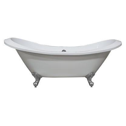 Extra Large Acrylic Double Slipper Clawfoot Tub, Polished Chrome Feet and Continuous Rim