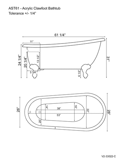 61 Inch Acrylic  Slipper Bathtub with and Complete Polished Chrome Plumbing Package