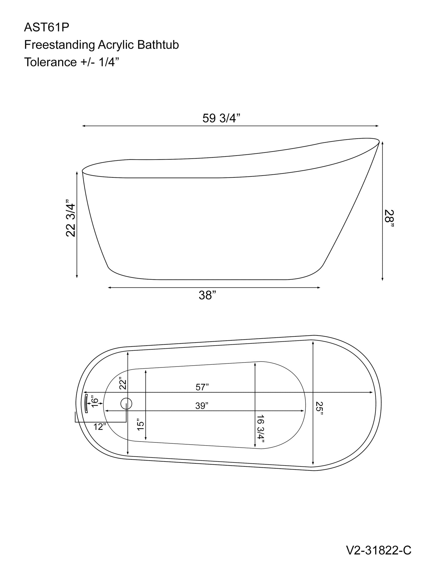 60" Acrylic Slipper Pedestal Soaking Tub
