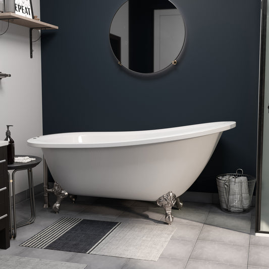 Extra wide Acrylic Slipper tub with Faucet Holes and Brushed Nickel Claw Feet