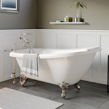 Acrylic Clawfoot Slipper Soaking Tub with Continuous Rim and Brushed Nickel Plumbing Package