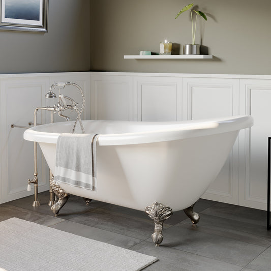 Acrylic Clawfoot Slipper Soaking Tub with Continuous Rim and Brushed Nickel Plumbing Package