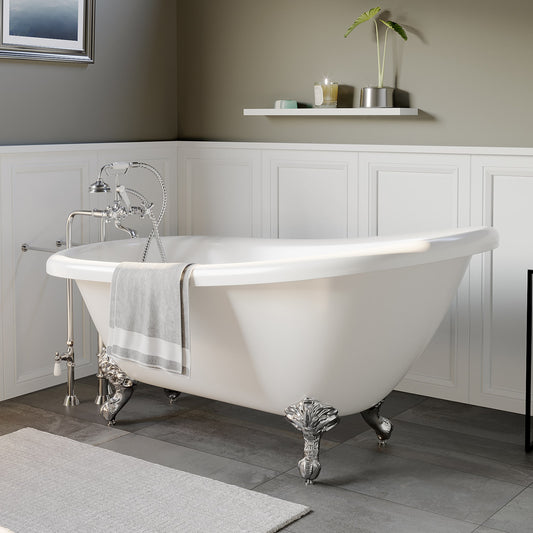 Acrylic Clawfoot Slipper Soaking Tub with Continuous Rim and Polished Chrome Plumbing Package