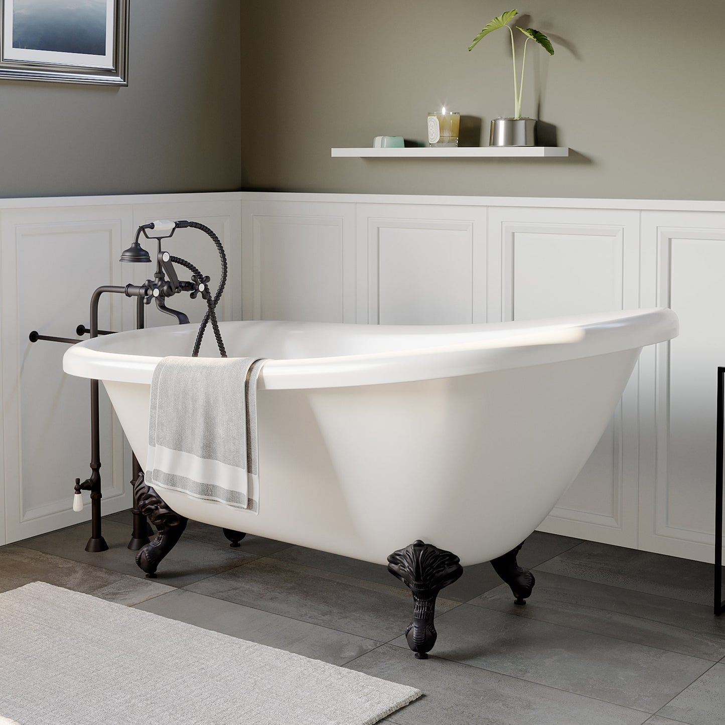 Acrylic Clawfoot Slipper Soaking Tub with Continuous Rim and Polished Oil Rubbed Bronze Plumbing Package