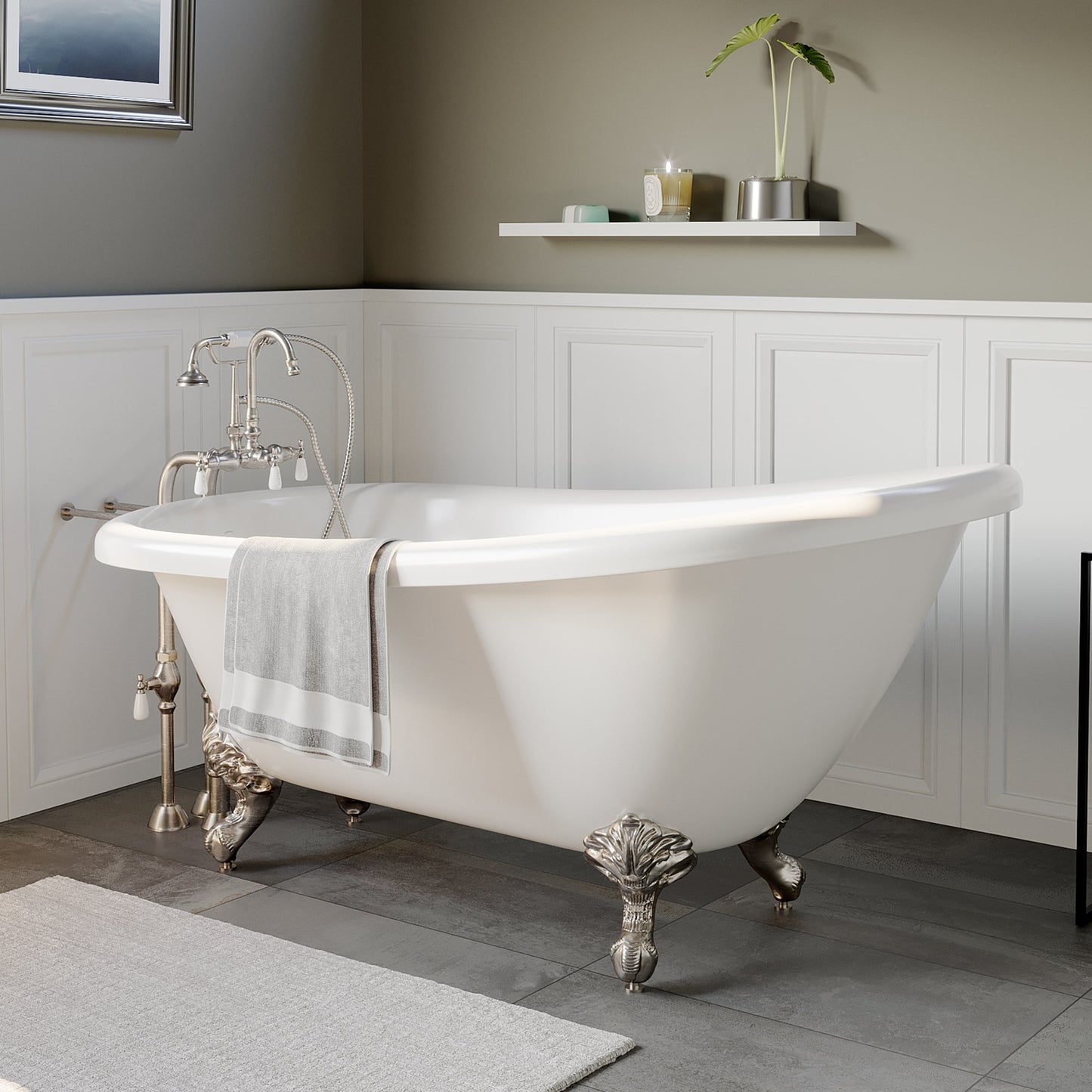 Acrylic Clawfoot Slipper Soaking Tub with Continuous Rim and Brushed Nickel Plumbing Package