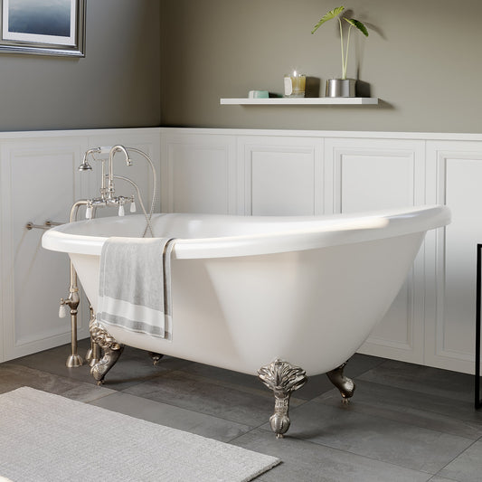 Acrylic Clawfoot Slipper Soaking Tub with Continuous Rim and Brushed Nickel Plumbing Package