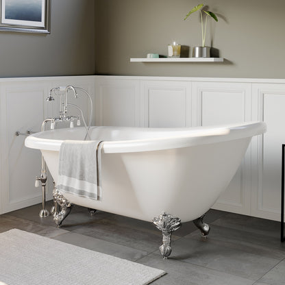 Acrylic Clawfoot Slipper Soaking Tub with Continuous Rim and Polished Chrome Plumbing Package