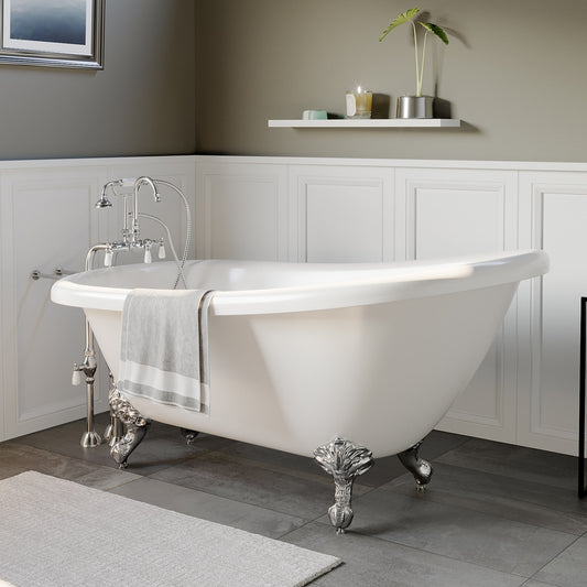 Acrylic Clawfoot Slipper Soaking Tub with Continuous Rim and Polished Chrome Plumbing Package