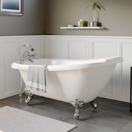 Acrylic Clawfoot Slipper Soaking Tub with and Polished Chrome Plumbing Package