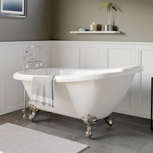 Acrylic Clawfoot Slipper Soaking Tub with and Brushed Nickel Plumbing Package