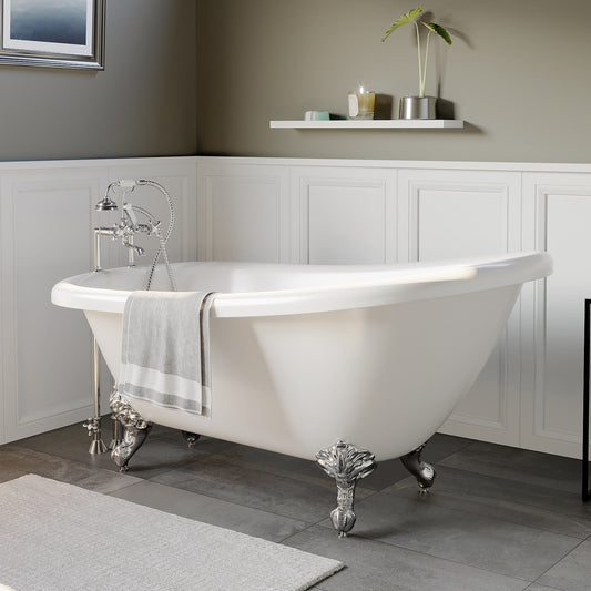 Clawfoot Acrylic  Slipper Soaking Tub with Faucet Drillings and Polished Chrome Feet