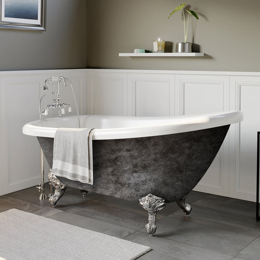 Hand Painted Scorched Platinum Acrylic Slipper Bathtub with 7" Deck Mount Faucet Holes and Polished Chrome Claw Feet