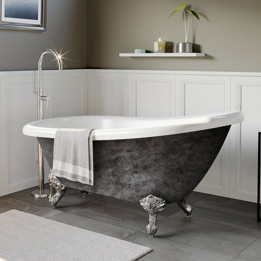 Hand Painted Scorched Platinum Acrylic Slipper Bathtub with No Faucet Holes and Polished Chrome Ball and Claw Feet