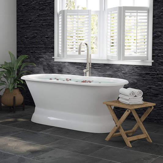 Cast Iron Double Ended Pedestal Tub 60" X 30" with no Faucet Drillings and Complete Brushed Nickel Modern Freestanding Tub Filler with Hand Held Shower Assembly Plumbing Package