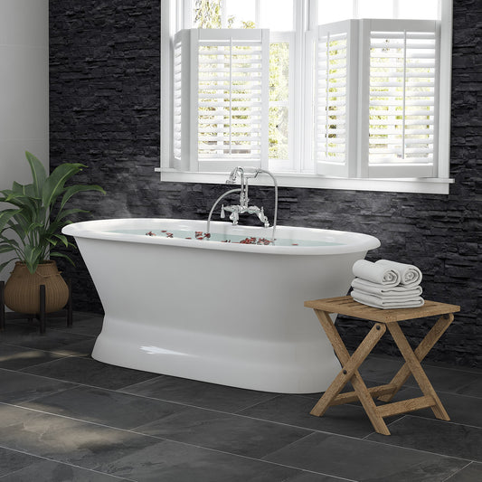 Cast Iron Double Ended Pedestal Tub 60" X 30" with 7" Deck Mount Faucet Drillings and English Telephone Style Faucet Complete Polished Chrome Plumbing Package