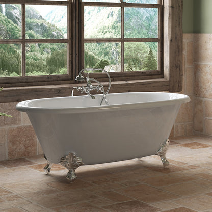 Cast Iron Double Ended Clawfoot Tub 60" X 30" with No Faucet Drillings and Complete Free Standing British Telephone Faucet and Hand Held Shower  Polished Chrome Plumbing Package