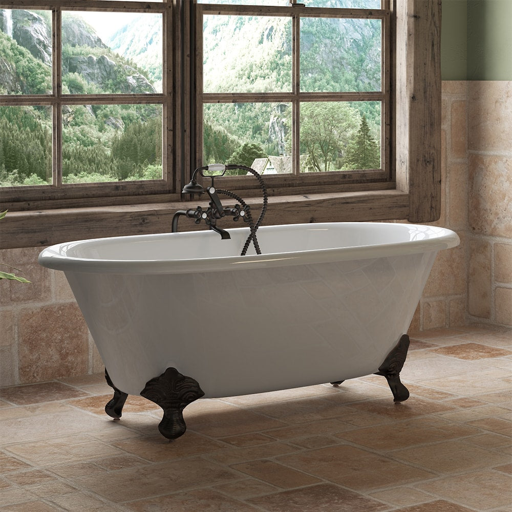 Cast Iron Double Ended Clawfoot Tub 60" X 30" with No Faucet Drillings and Complete Free Standing British Telephone Faucet and Hand Held Shower Oil Rubbed Bronze Plumbing Package