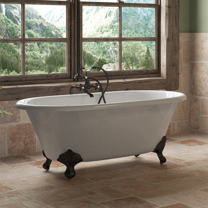 Cast Iron Double Ended Clawfoot Tub 60" X 30" with No Faucet Drillings and Complete Free Standing British Telephone Faucet and Hand Held Shower Oil Rubbed Bronze Plumbing Package