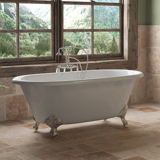 Cast Iron Double Ended Clawfoot Tub 60" X 30" with no Faucet Drillings and Complete Brushed Nickel Free Standing English Telephone Style Faucet with Hand Held Shower Assembly Plumbing Package